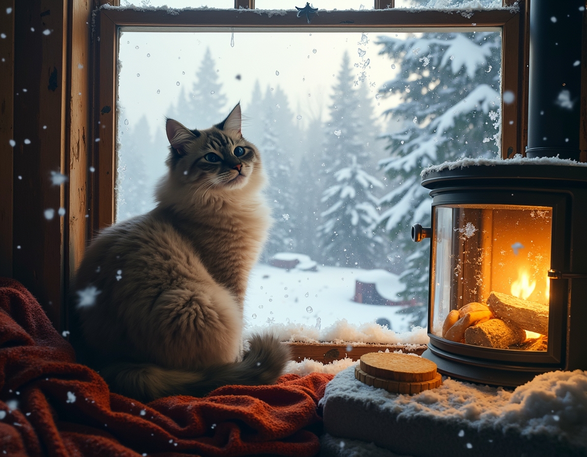Cat looks out a frosted window at the snowy world outside, while the cozy warmth of the cabin and the glow of the fireplace create a peaceful, inviting atmosphere.